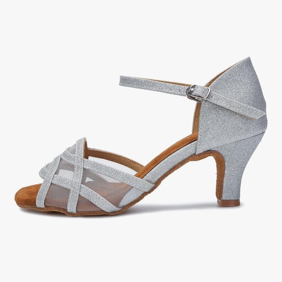Akanu Latin Salsa Ballroom Dance Heels Silver Mesh Strappy 2.5in Size 8.5 New - Picture 7 of 9